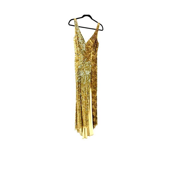 Mac Duggal 5473 High Slit Embellished Sequins Dress Gold Size 10 NWT - Picture 6 of 12